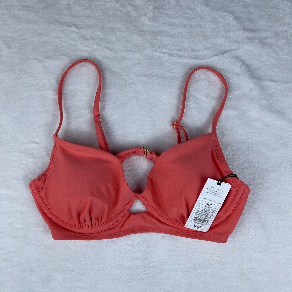 Shade & Shore Bikini Top Women's 36B Coral Pink Ring Plunge Underwire Keyhole